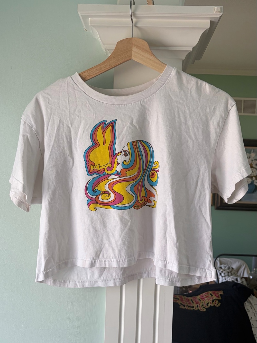 Woman’s White Graphic Tee with Colorful Retro Girl & Bunny